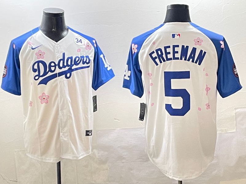 Men Los Angeles Dodgers 5 Freeman White Blue Sakura Edition 2025 Nike MLB Jersey style 4